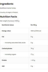 Nutrition facts and ingredients for OstroVit Multiflower Honey, detailing energy, fat, carbohydrates, protein, and salt.